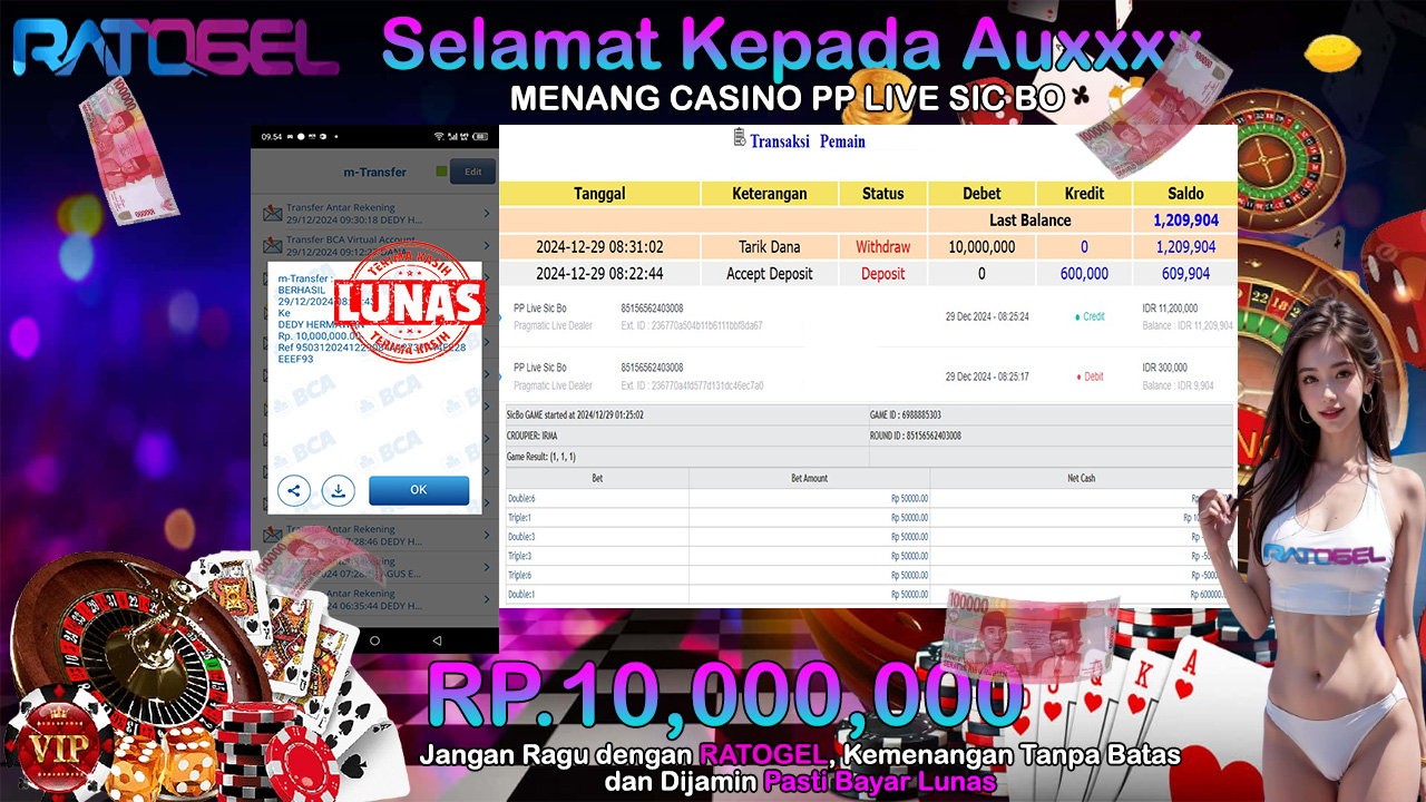 BUKTI JACKPOT CASINO PP LIVE SIC BO TERPERCAYA DI INDONESIA TGL 29-12-2024