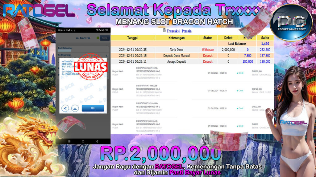 BUKTI JACKPOT SLOT DRAGON HATCH TERPERCAYA DI INDONESIA TGL 31-12-2024