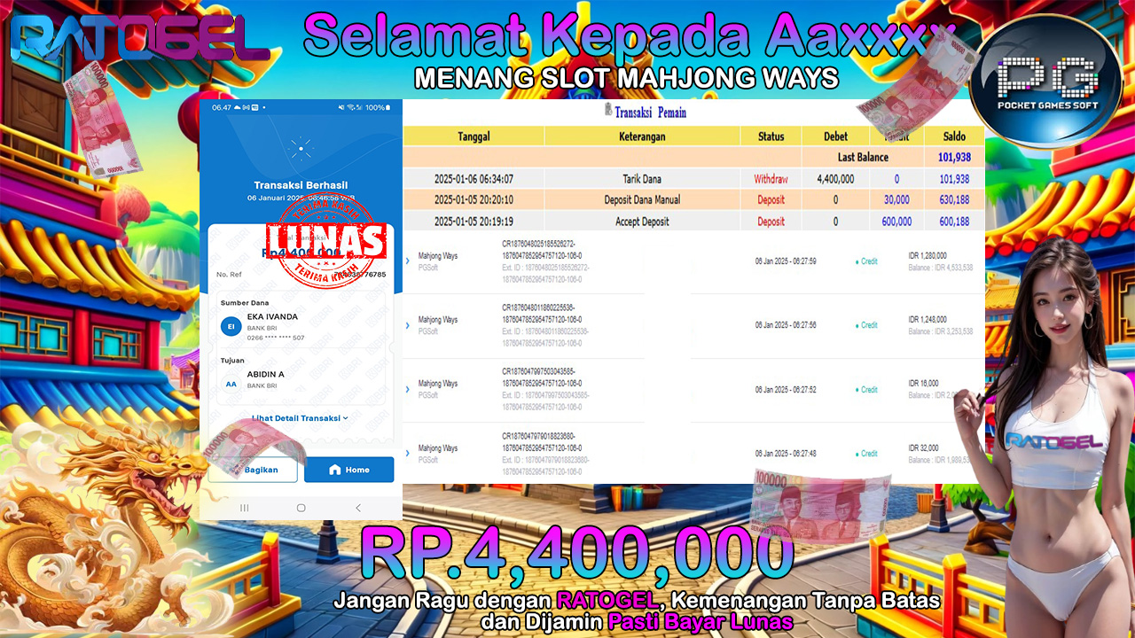 BUKTI JACKPOT SLOT MAHJONG WAYS TERPERCAYA DI INDONESIA TGL 06-01-2025