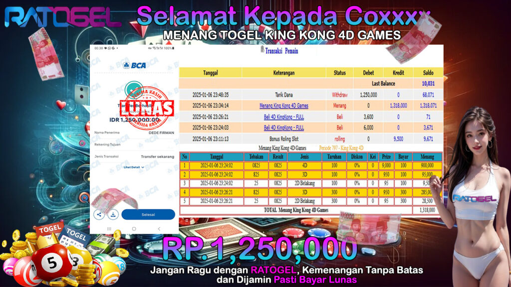 BUKTI JACKPOT TOGEL KING KONG 4D GAMES TERPERCAYA DI INDONESIA TGL 07-01-2025