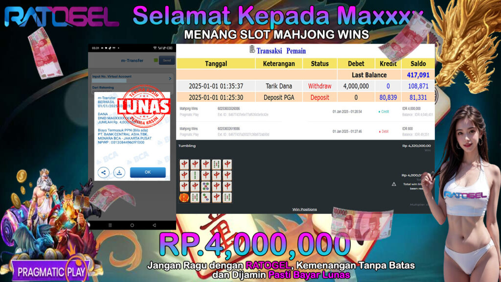 BUKTI JACKPOT SLOT MAHJONG WINS  TERPERCAYA DI INDONESIA TGL 01-01-2025