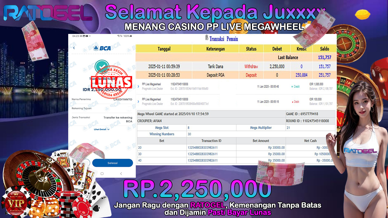 BUKTI JACKPOT CASINO PP LIVE MEGAWHEEL TERPERCAYA DI INDONESIA TGL 11-01-2025