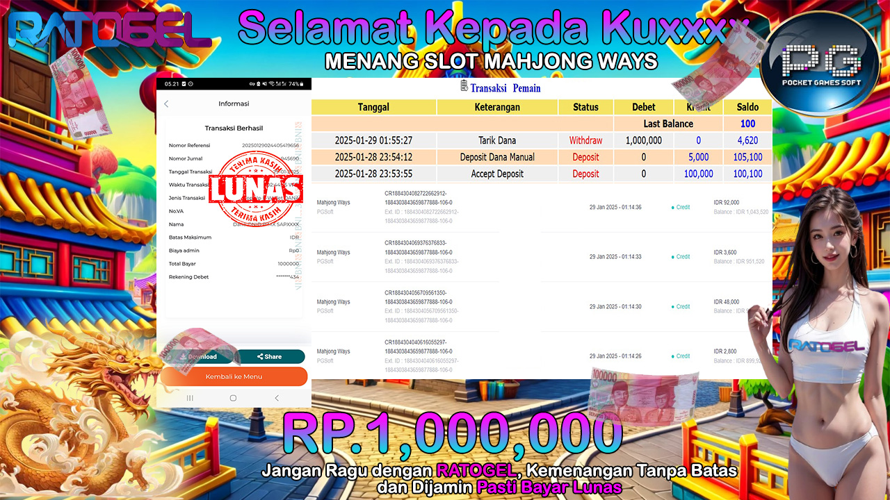 BUKTI JACKPOT SLOT MAHJONG WAYS TERPERCAYA DI INDONESIA TGL 29-01-2025