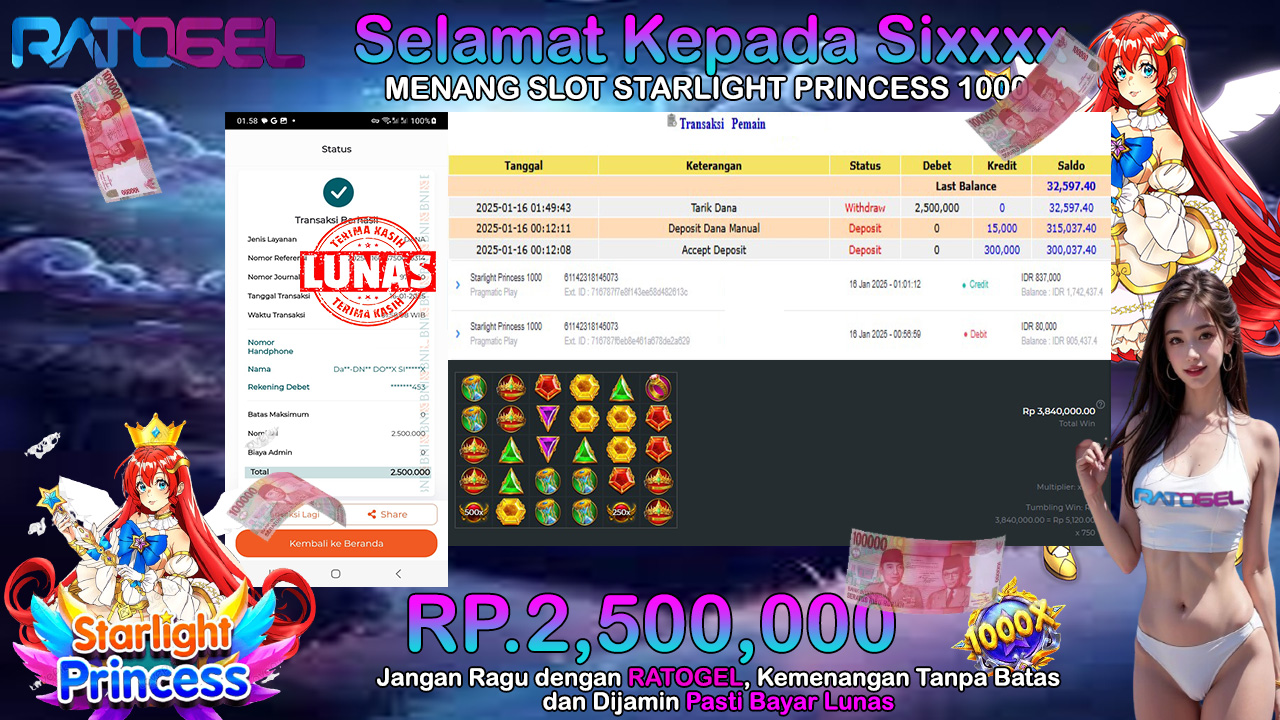 BUKTI JACKPOT SLOT STARLIGHT PRINCESS 1000 TERPERCAYA DI INDONESIA TGL 16-01-2025