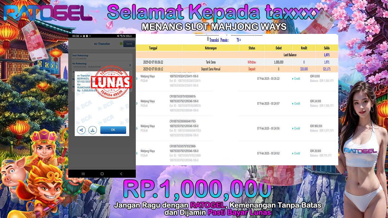 BUKTI JACKPOT SLOT MAHJONG WAYS TERPERCAYA DI INDONESIA TGL 07-02-2025