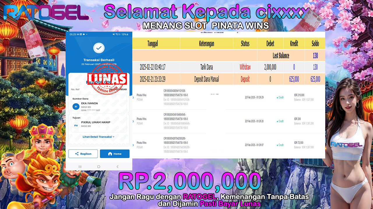 BUKTI JACKPOT SLOT PINATA WINS 2 TERPERCAYA DI INDONESIA TGL 22-02-2025