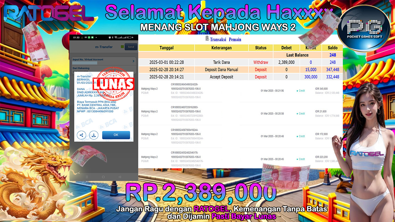 BUKTI JACKPOT SLOT MAHJONG WAYS 2 TERPERCAYA DI INDONESIA TGL 1-03-2025