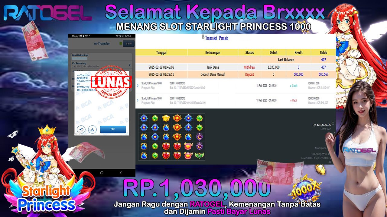 BUKTI JACKPOT SLOT STARLIGHT PRINCESS 1000 TERPERCAYA DI INDONESIA TGL 17-02-2025