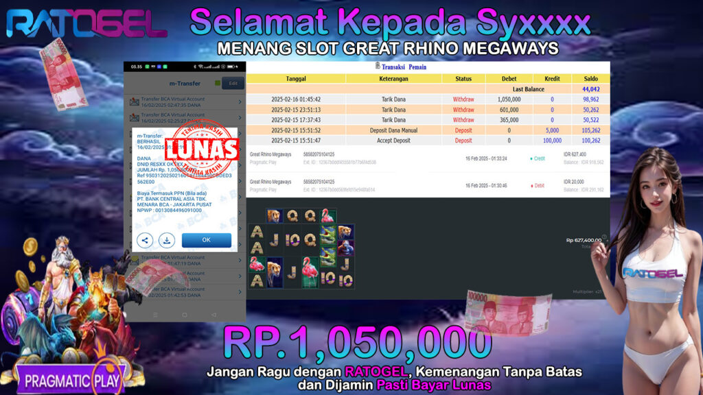 BUKTI JACKPOT SLOT GREAT RHINO MEGA WAYS TERPERCAYA DI INDONESIA TGL 16-02-2025